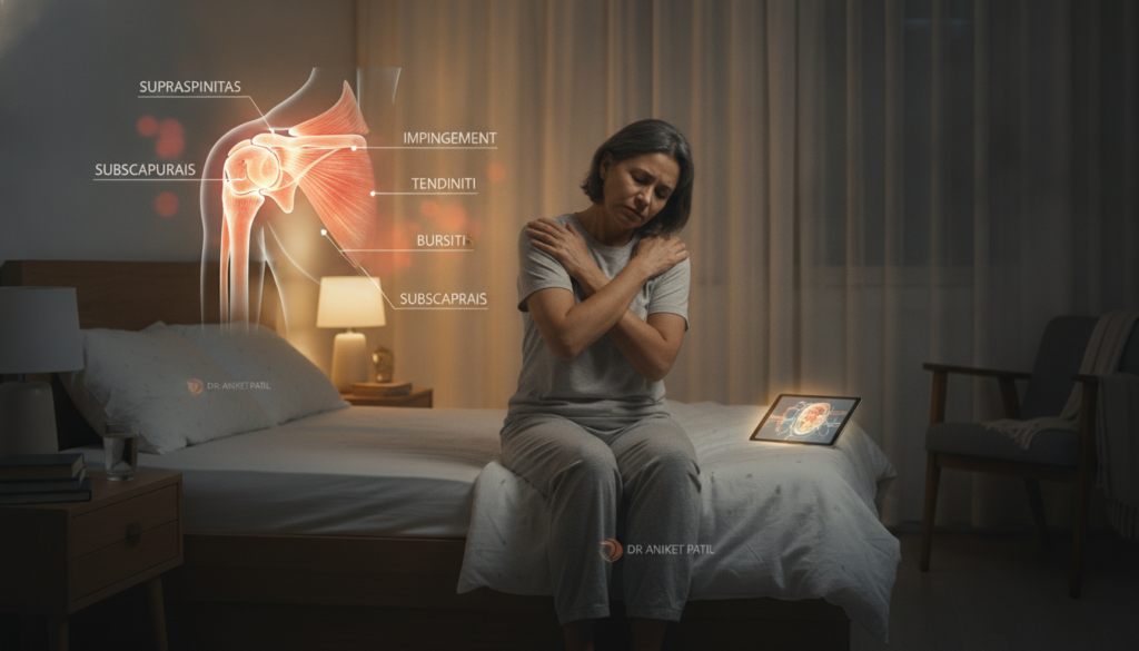 A serene bedroom scene at night depicting various common causes of shoulder pain that disrupt sleep. In the foreground, a middle-aged person in modest sleepwear is shown sitting on the edge of a neatly made bed, rubbing their shoulder with a pained expression. In the middle ground, visible anatomical illustrations such as shoulder tendons, rotator cuff, and potential injury markers are artistically integrated into the room, with soft illustrations of inflammation and tension. The background reveals a cozy, softly lit room with minimalistic décor, evoking a calm and safe atmosphere. The lighting is warm, mimicking moonlight filtering through sheer curtains. Capturing the essence of nighttime discomfort subtly, embodying a sense of empathy and professionalism, branded with "Dr Aniket Patil" in the design. A serene bedroom scene at night depicting various common causes of shoulder pain that disrupt sleep. In the foreground, a middle-aged person in modest sleepwear is shown sitting on the edge of a neatly made bed, rubbing their shoulder with a pained expression. In the middle ground, visible anatomical illustrations such as shoulder tendons, rotator cuff, and potential injury markers are artistically integrated into the room, with soft illustrations of inflammation and tension. The background reveals a cozy, softly lit room with minimalistic décor, evoking a calm and safe atmosphere. The lighting is warm, mimicking moonlight filtering through sheer curtains. Capturing the essence of nighttime discomfort subtly, embodying a sense of empathy and professionalism, branded with "Dr Aniket Patil" in the design.