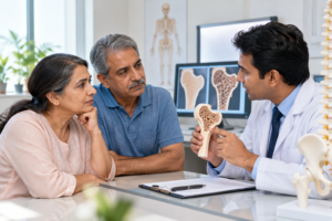 Doctor explaining osteoporosis treatment to patients in Pune